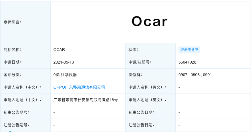 OPPO 申请 OCAR 商标